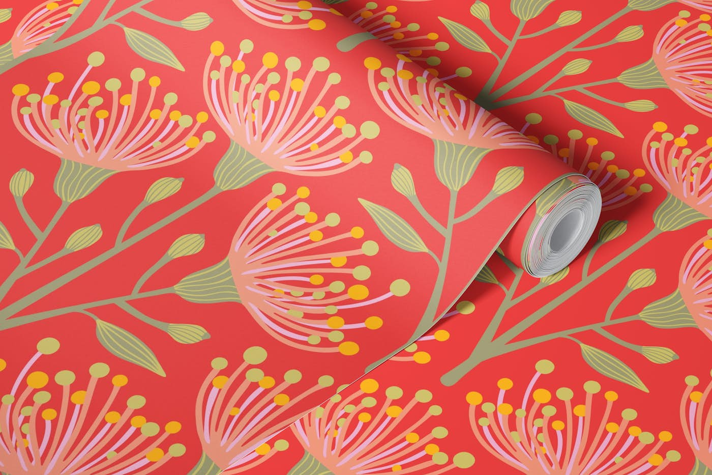 EUCALYPTUS Floral Botanical - Coral Orange wallpaper roll