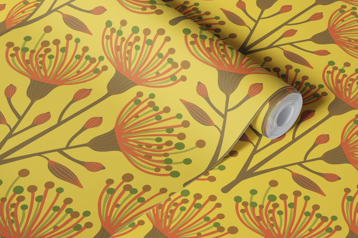 EUCALYPTUS Floral Botanical - Mustard Yellow wallpaper roll