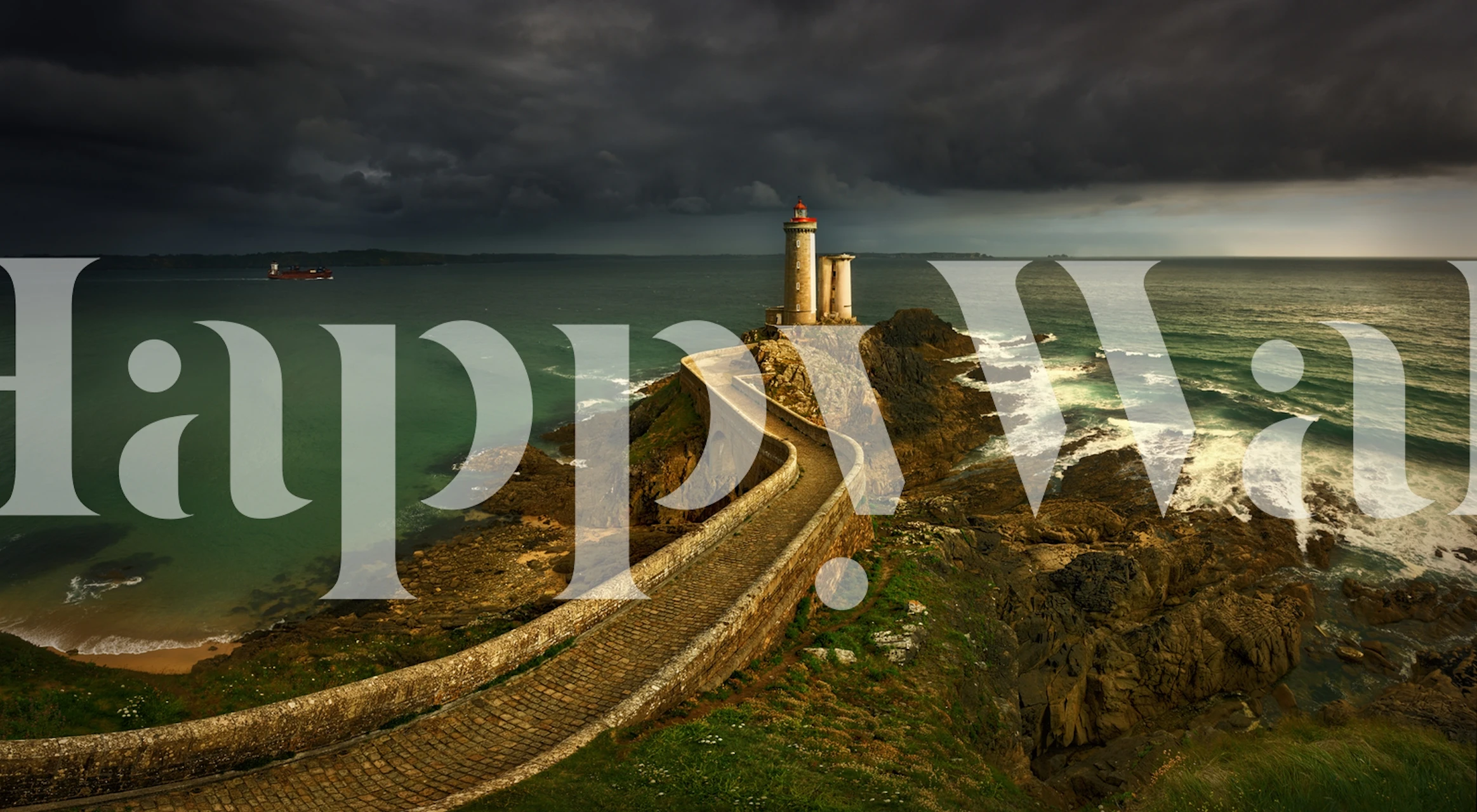Coastal landscape with a lighthouse, dark clouds, ocean greens and blues wallpaper
