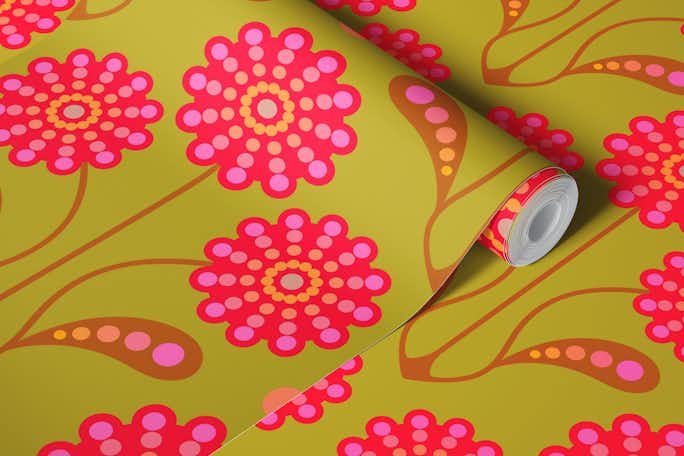 ANEMONE Retro Mid-Century Floral - Pink Greenwallpaper roll