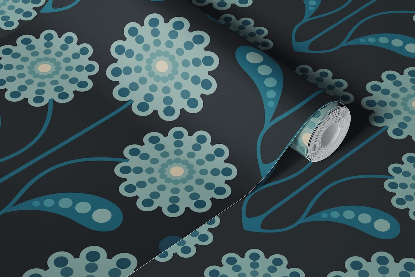 ANEMONE Retro Mid-Century Floral Teal - Large wallpaper roll