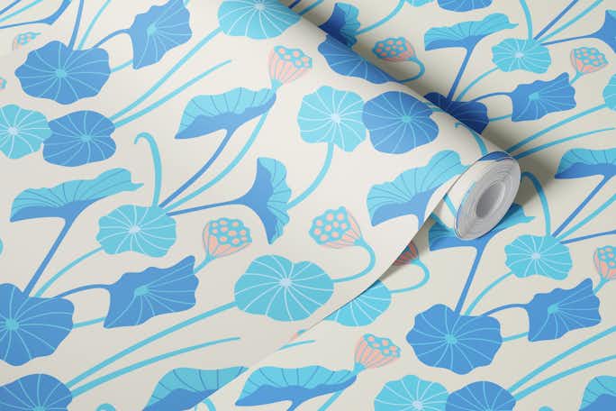LOTUS POND Japanese Zen Blue White Botanicalwallpaper roll