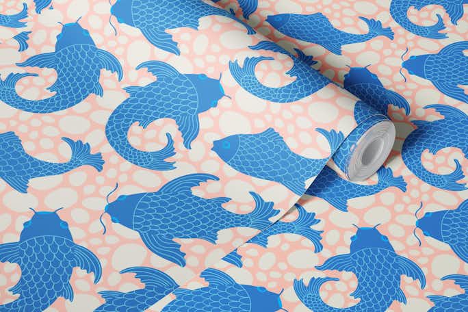 KOI Japanese Blue Swimming Fish with Pebbleswallpaper roll
