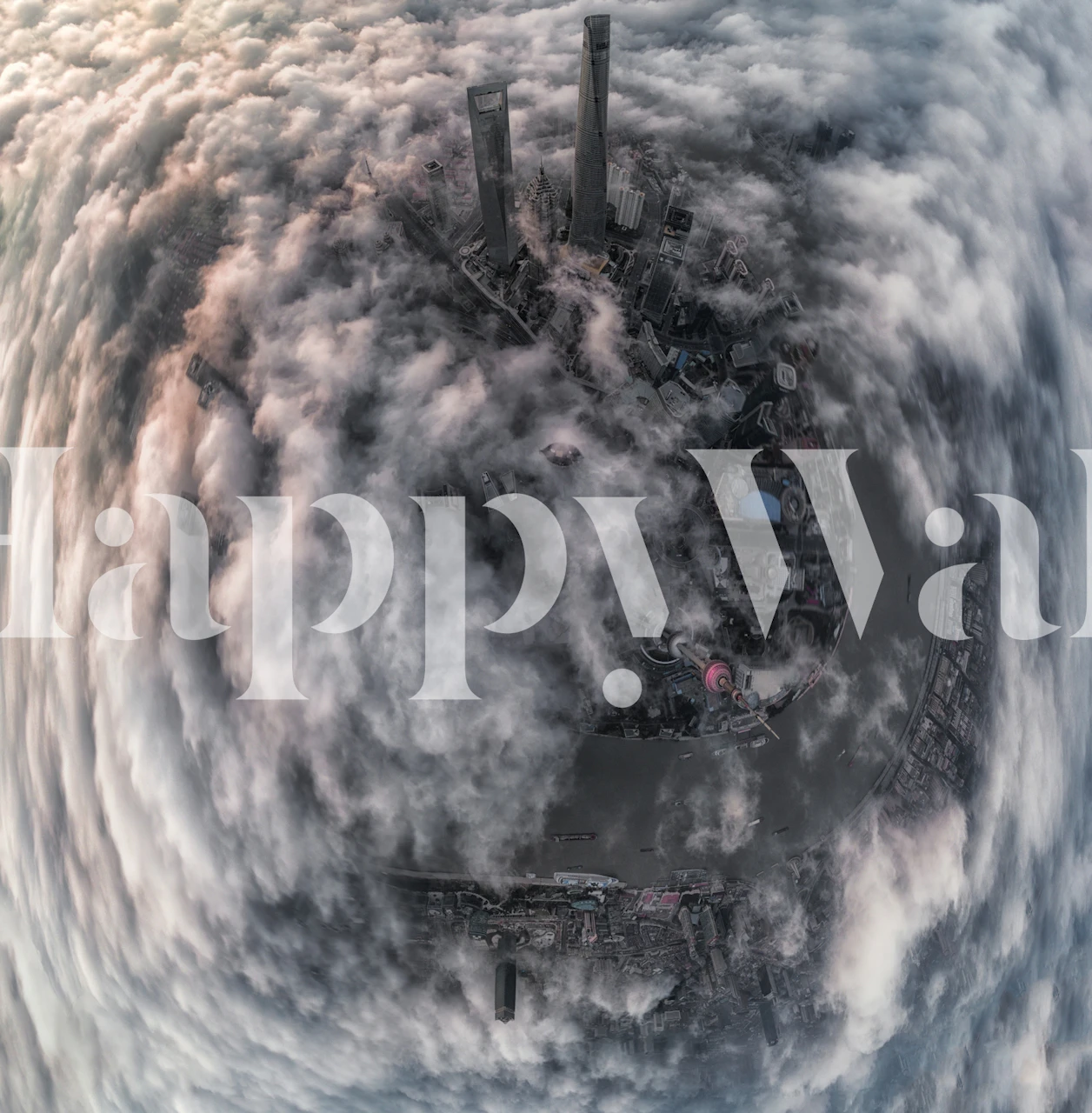 Abstract cityscape of Shanghai with clouds and buildings wallpaper