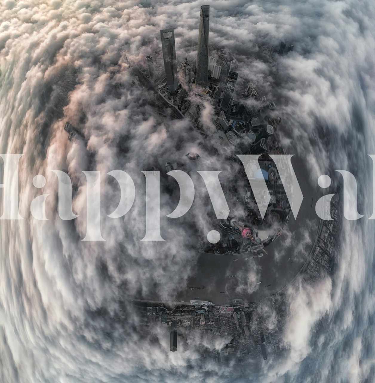 Abstract cityscape of Shanghai with clouds and buildings wallpaper