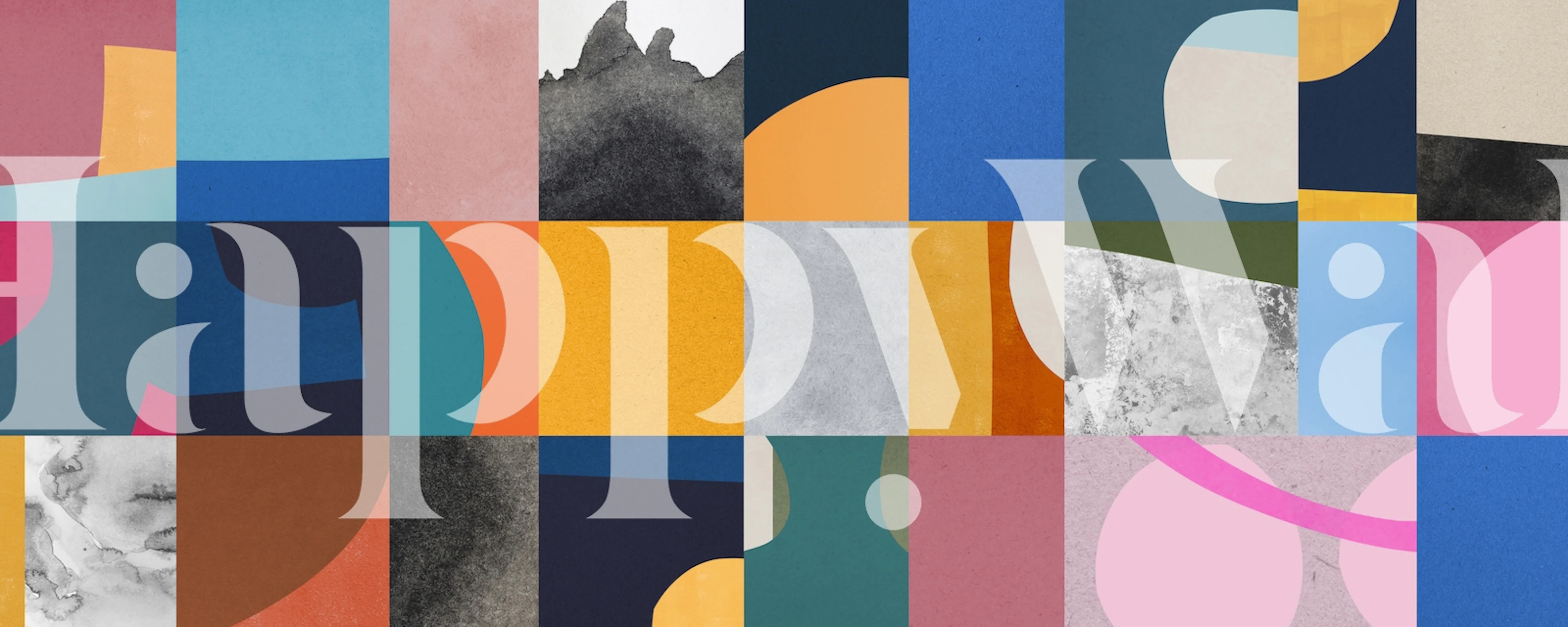 Geometric collage wall mural with a blend of abstract shapes in various colors