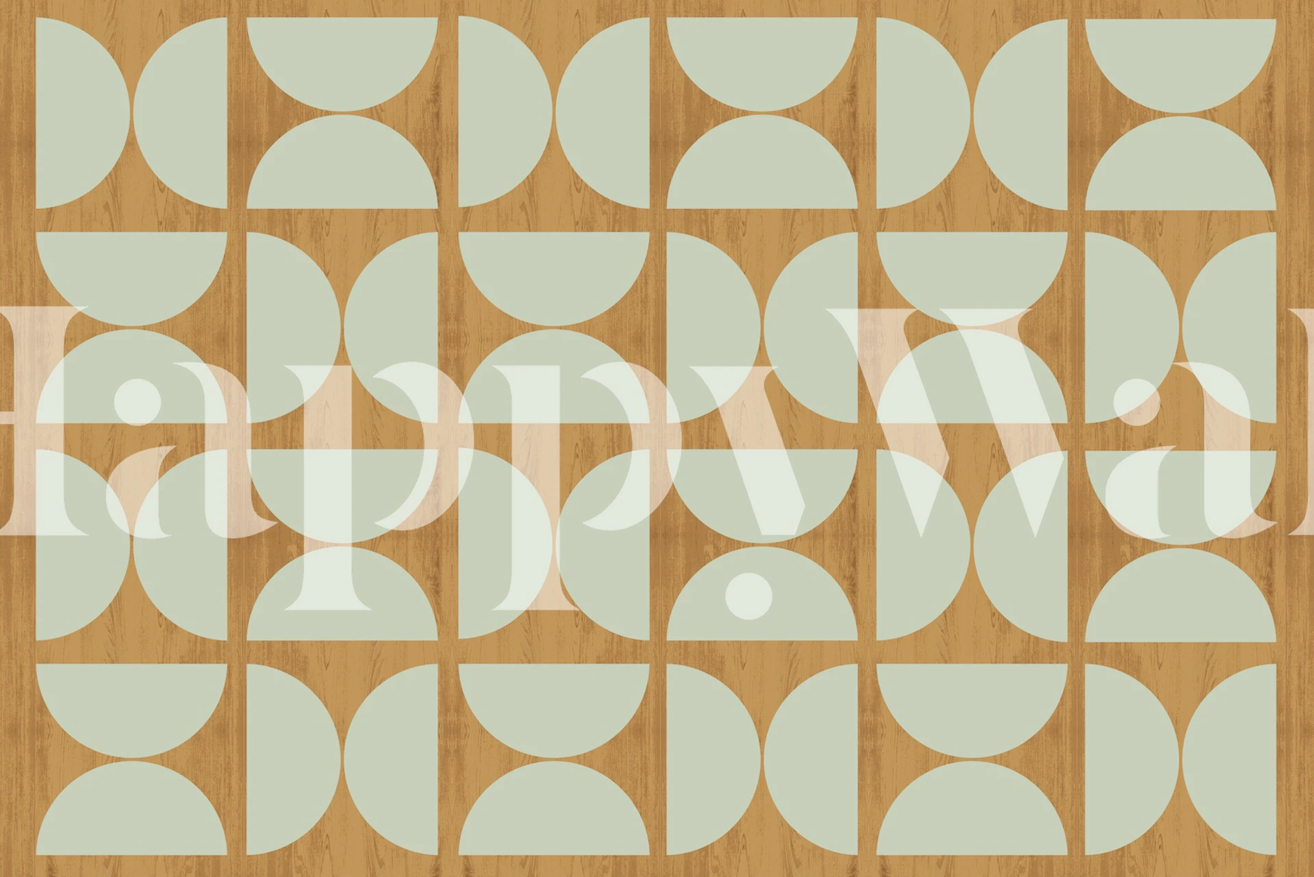 Sage Bauhaus Wood pattern wall mural with semi-circular shapes on a wooden texture background