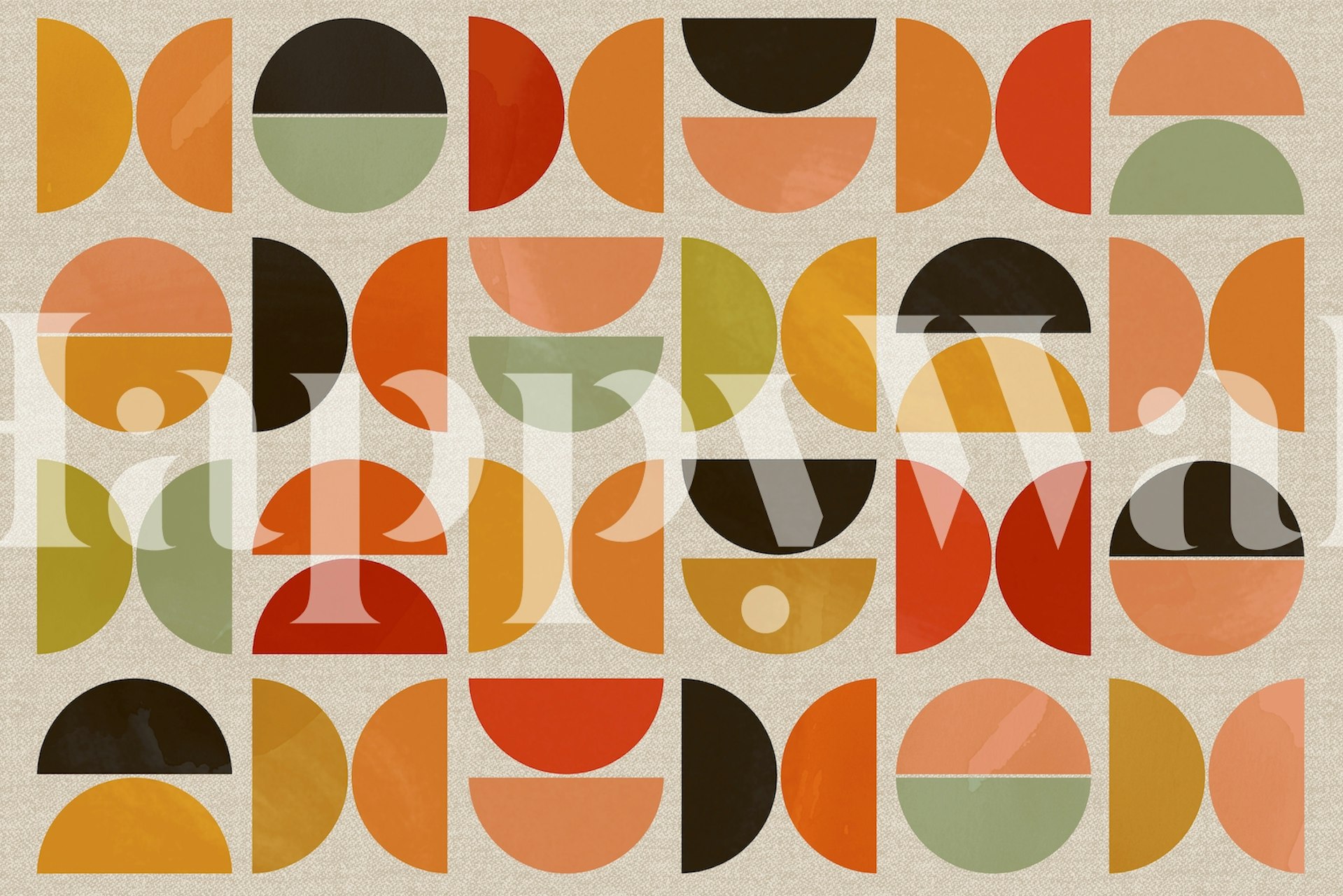 Colorful geometric shapes in warm tones on beige wallpaper