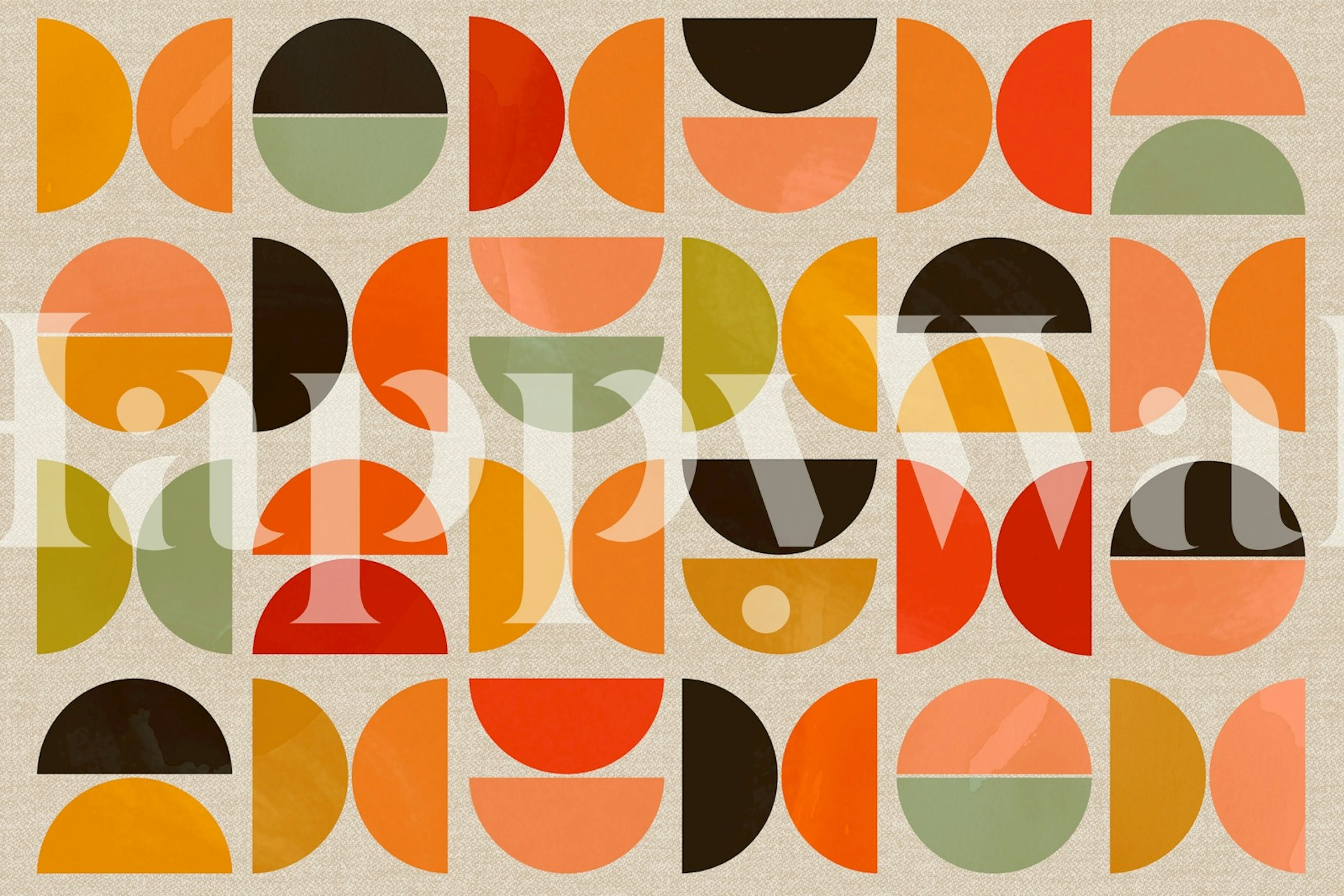 Colorful geometric shapes in warm tones on beige wallpaper