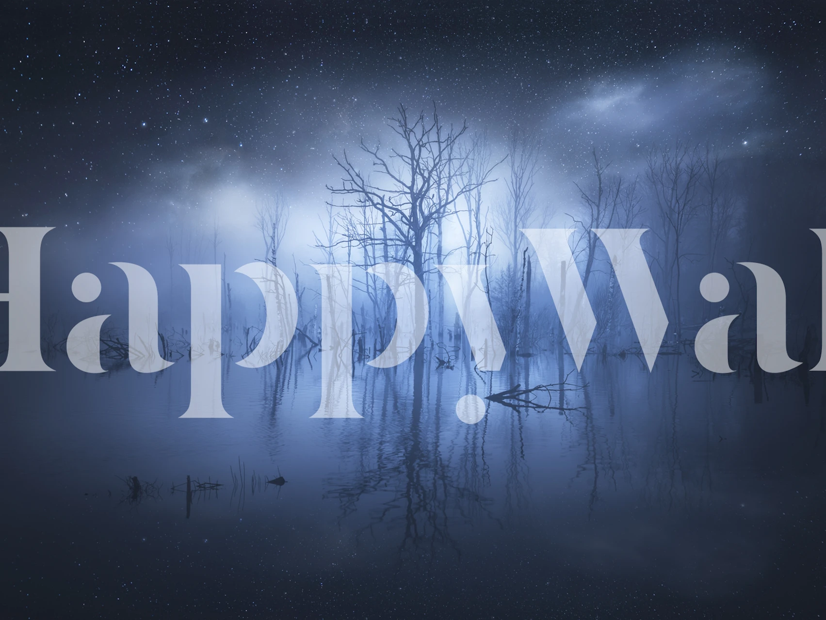 Misty lake scene with dark trees and blue mist wallpaper