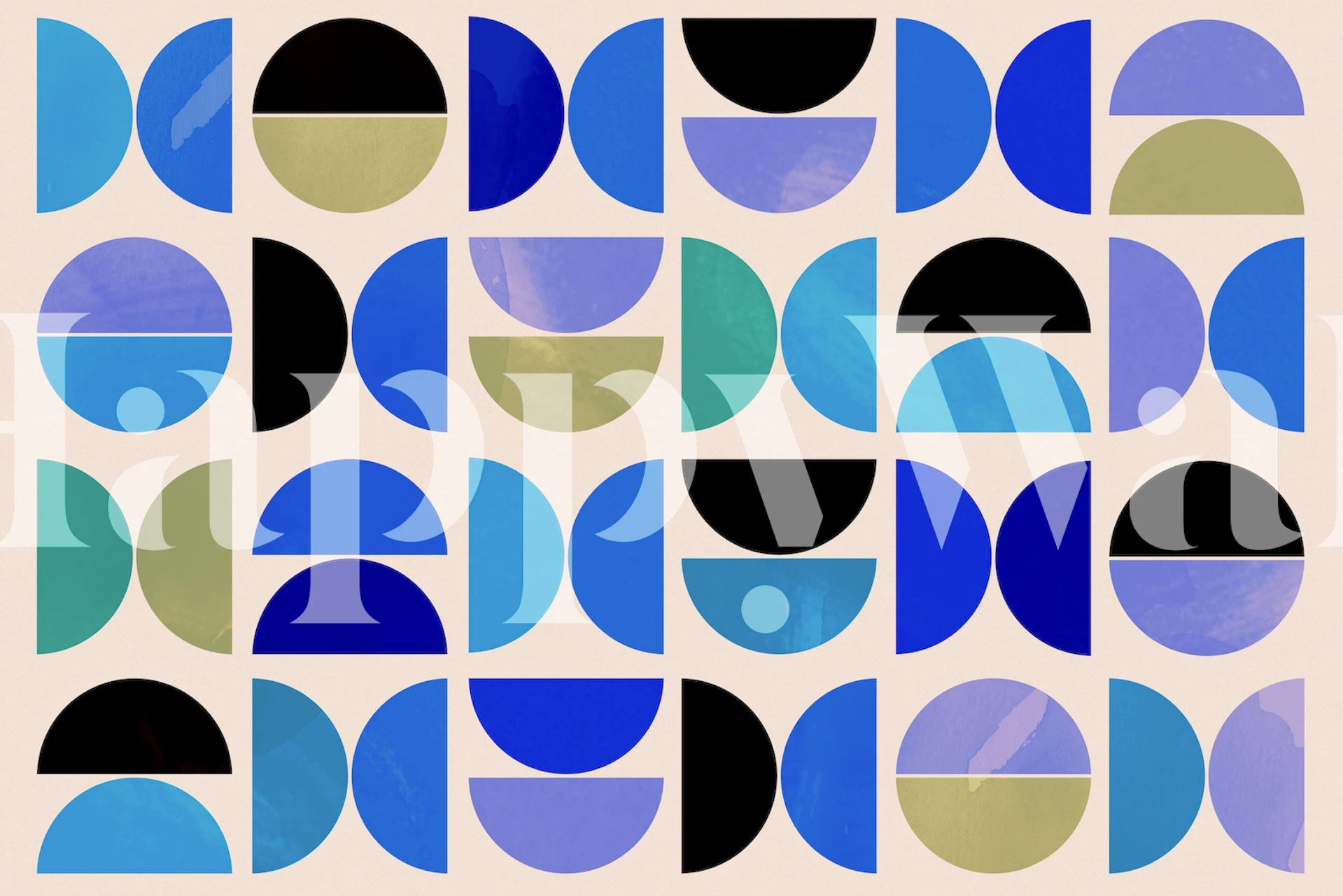 Levende blå Bauhaus geometrisk vægmaleri med blå og grønne halvmåneformer på en neutral baggrund