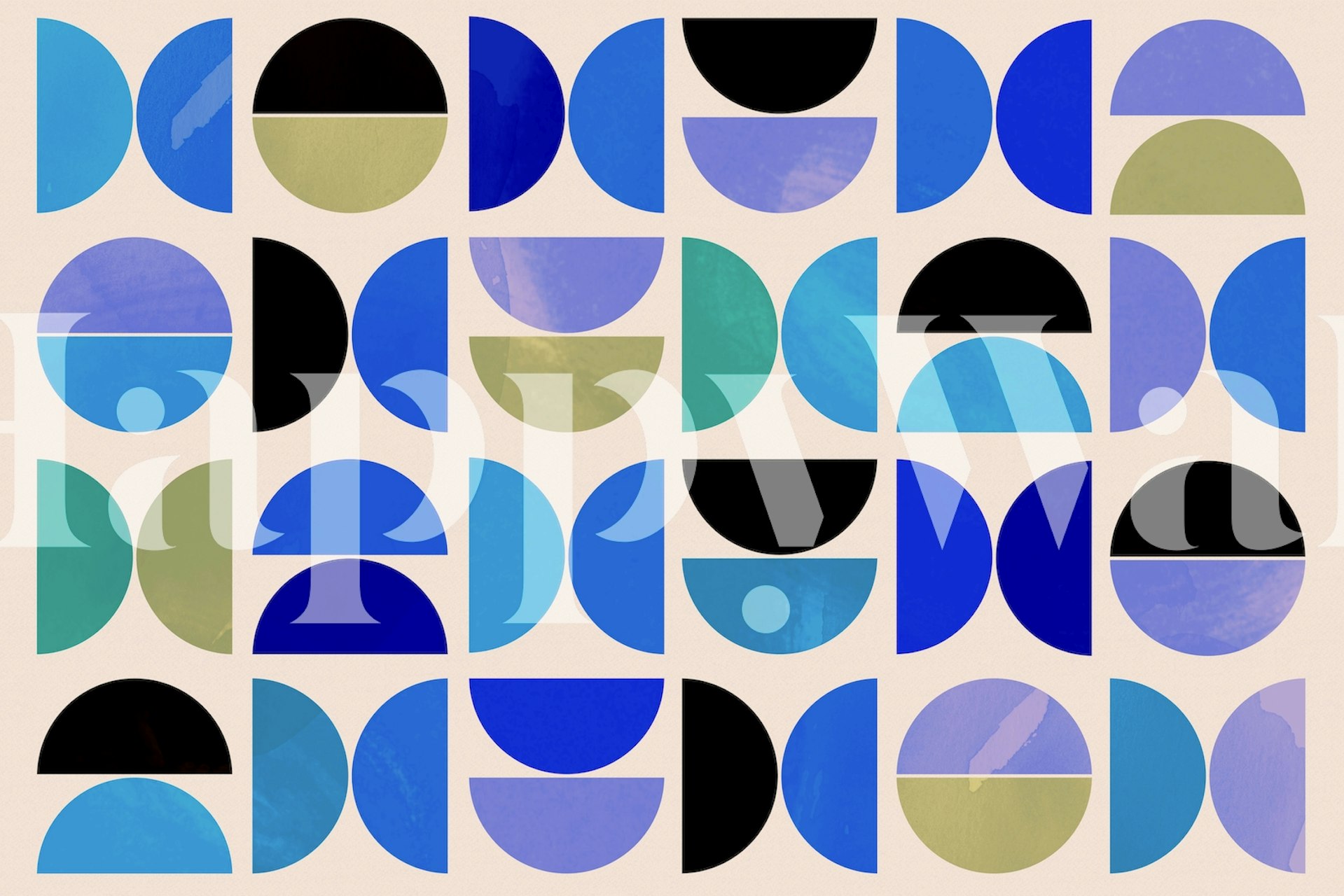 Γεωμετρικό τοίχο Vivid Blue Bauhaus με μπλε και πράσινα ημισέληνα σε ουδέτερο φόντο