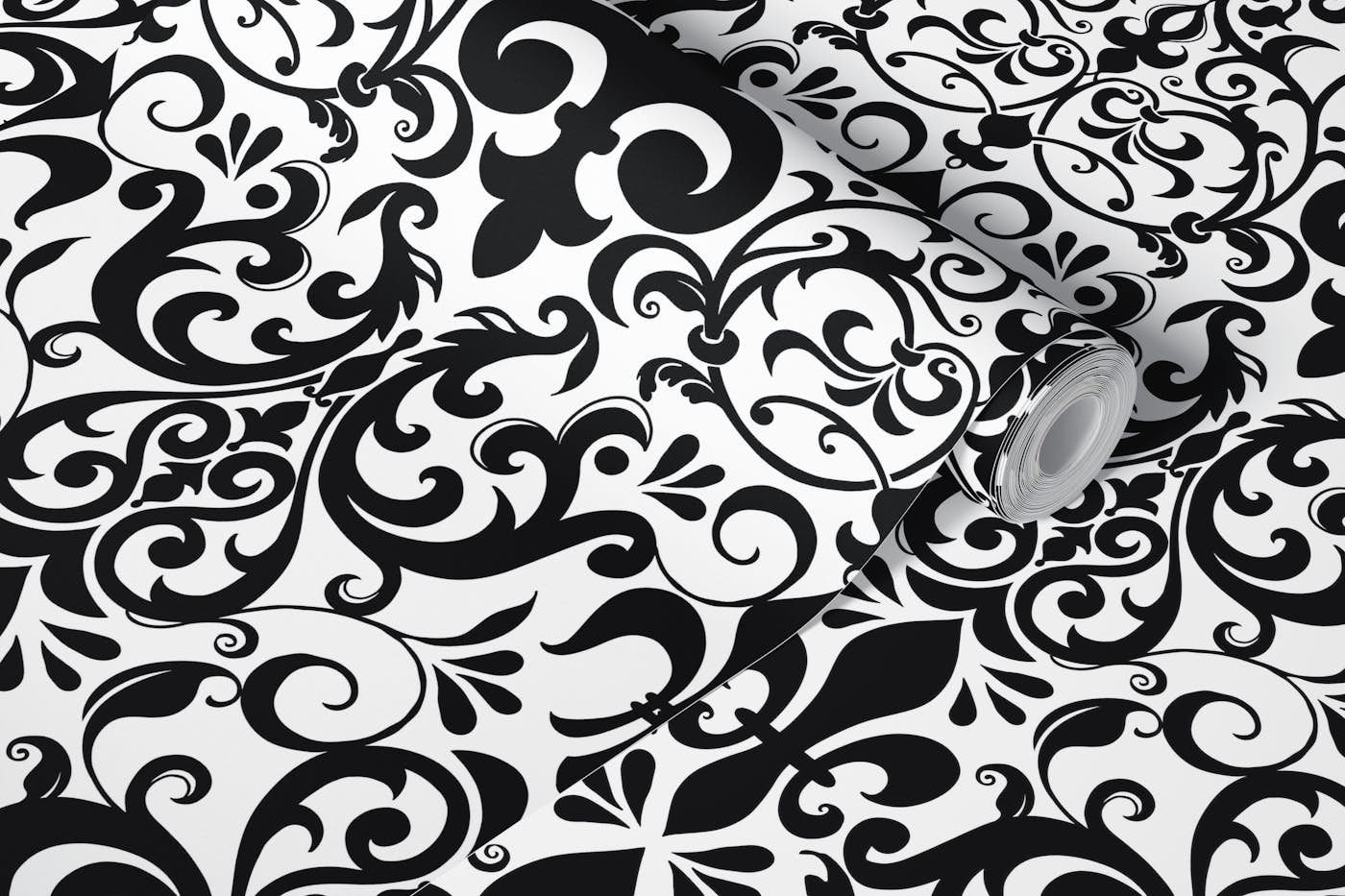 Fleur de Lis Damask French Linen Black White wallpaper roll