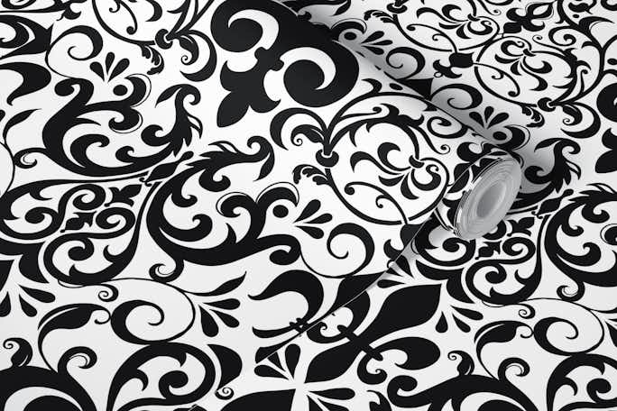 Fleur de Lis Damask French Linen Black Whitewallpaper roll