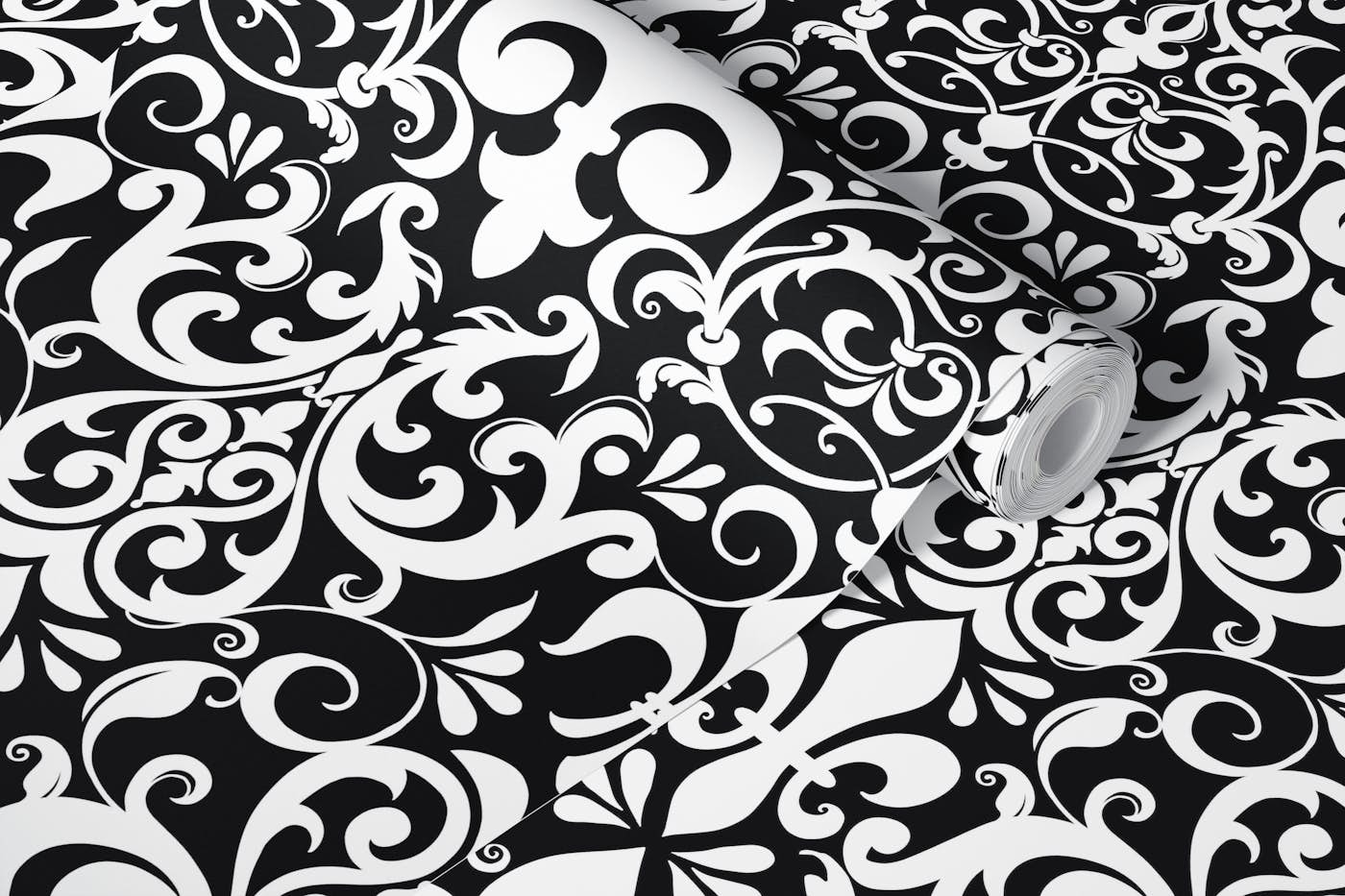 Fleur de Lis Damask French Linen White Black wallpaper roll