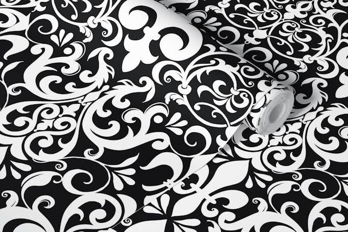Fleur de Lis Damask French Linen White Blackwallpaper roll