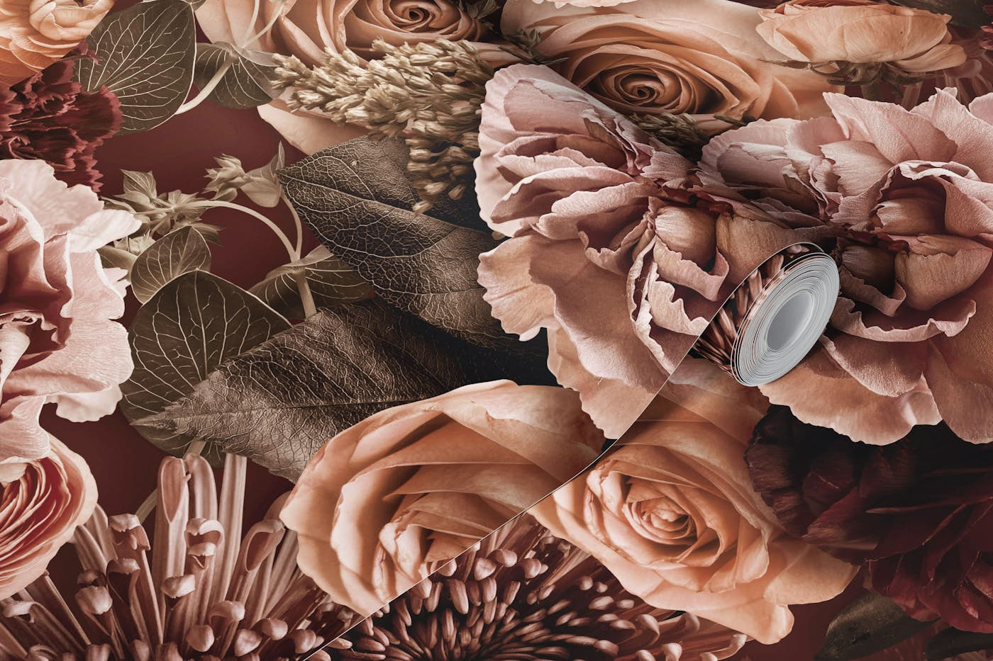 Velveteen Moody Baroque Flowers Peach Fuzz wallpaper roll