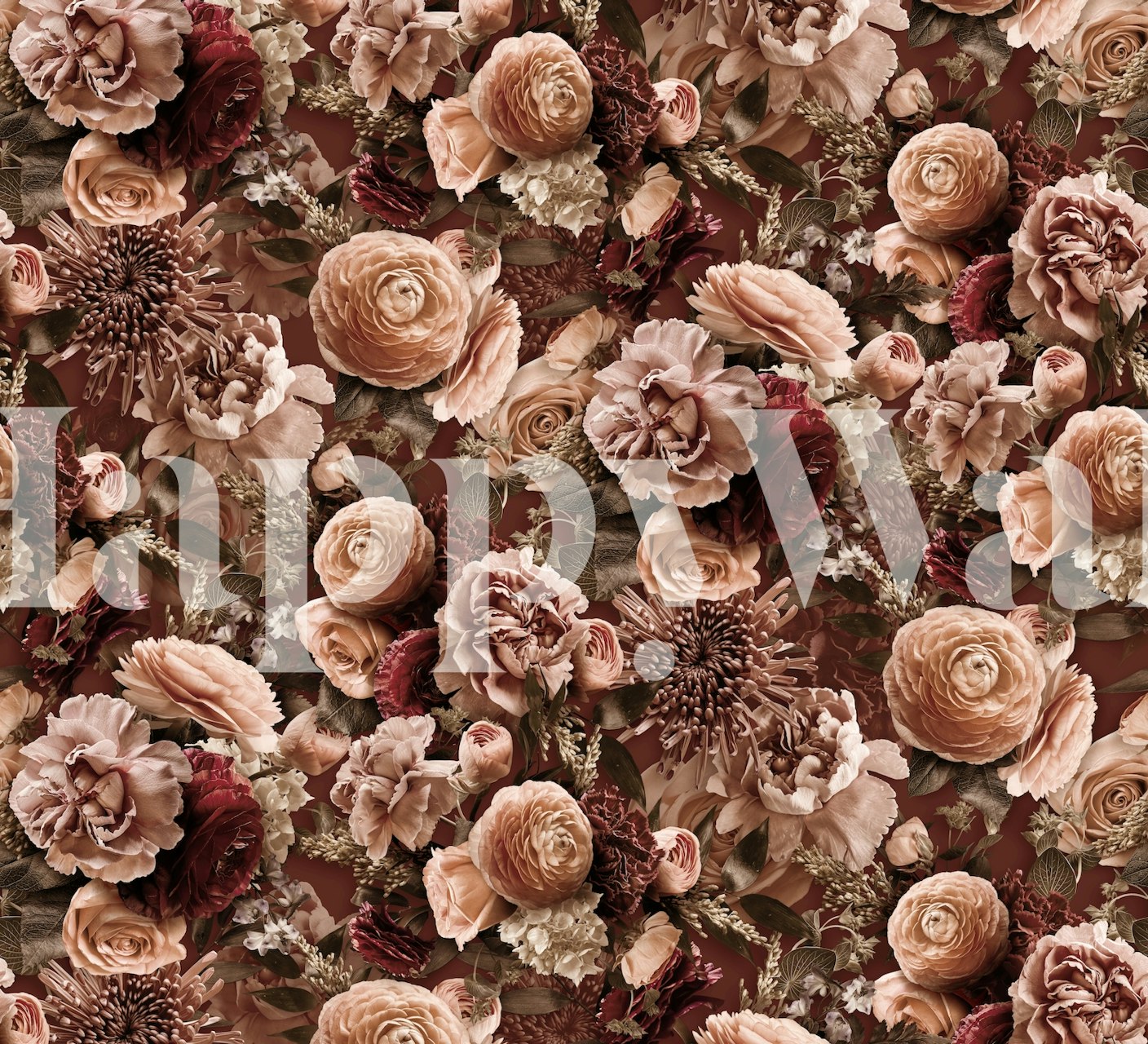 Baroque floral pattern in peach, pink, and brown wallpaper