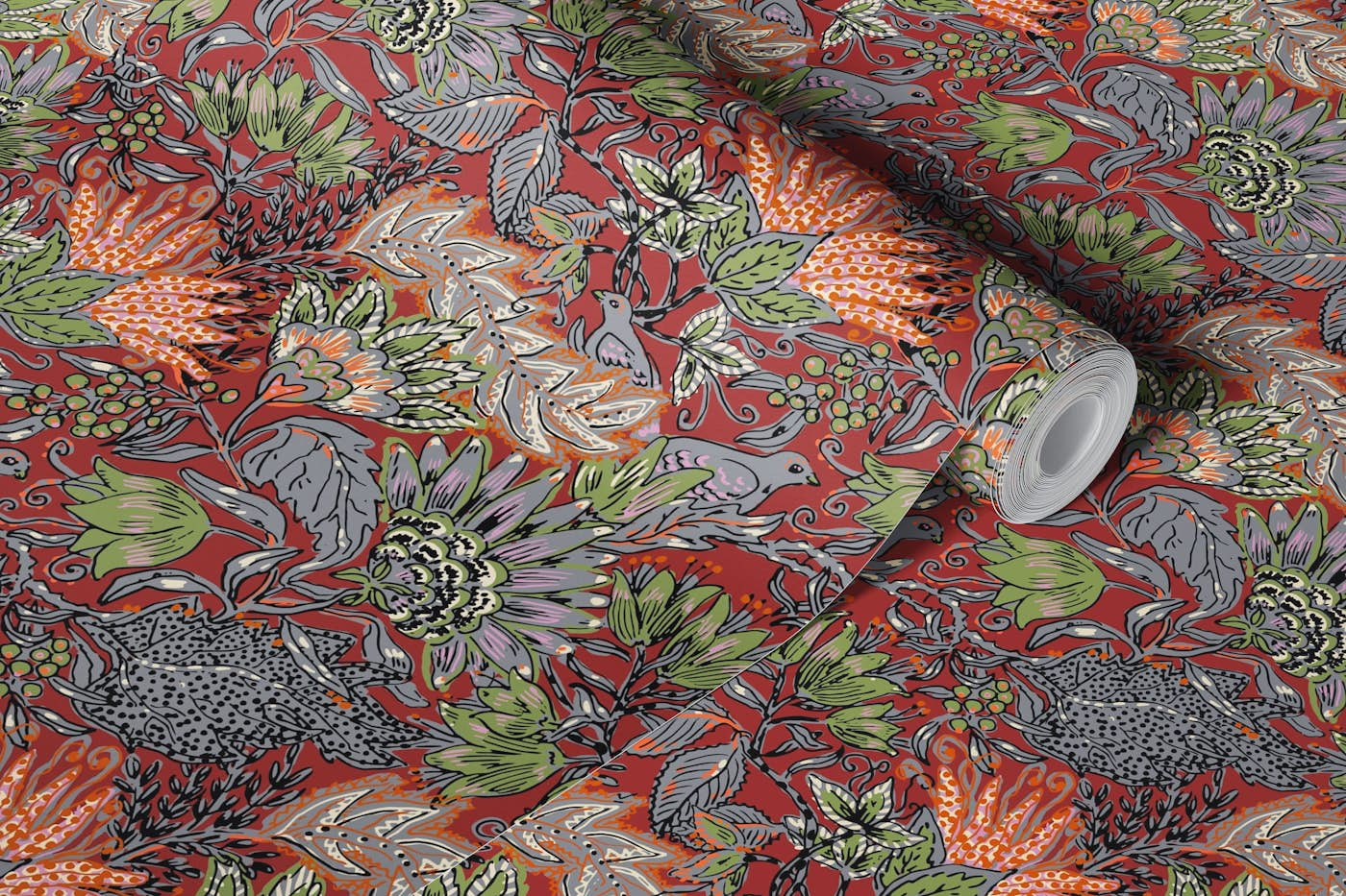 Bohemian burgundy Indian floral wallpaper roll