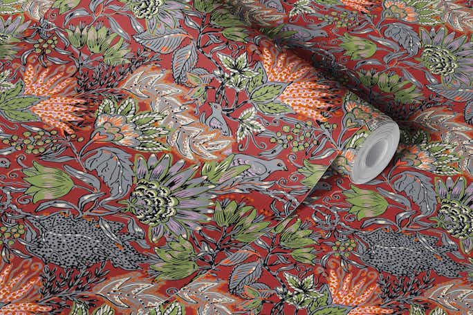 Bohemian burgundy Indian floralwallpaper roll