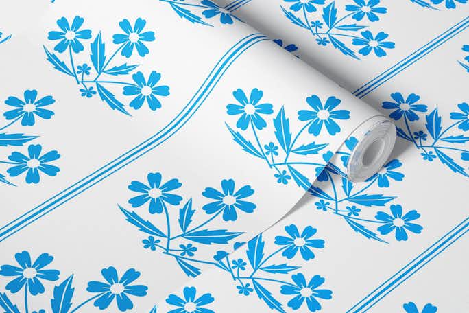 Vintage Cornflower Flowers Stripes in Bluewallpaper roll