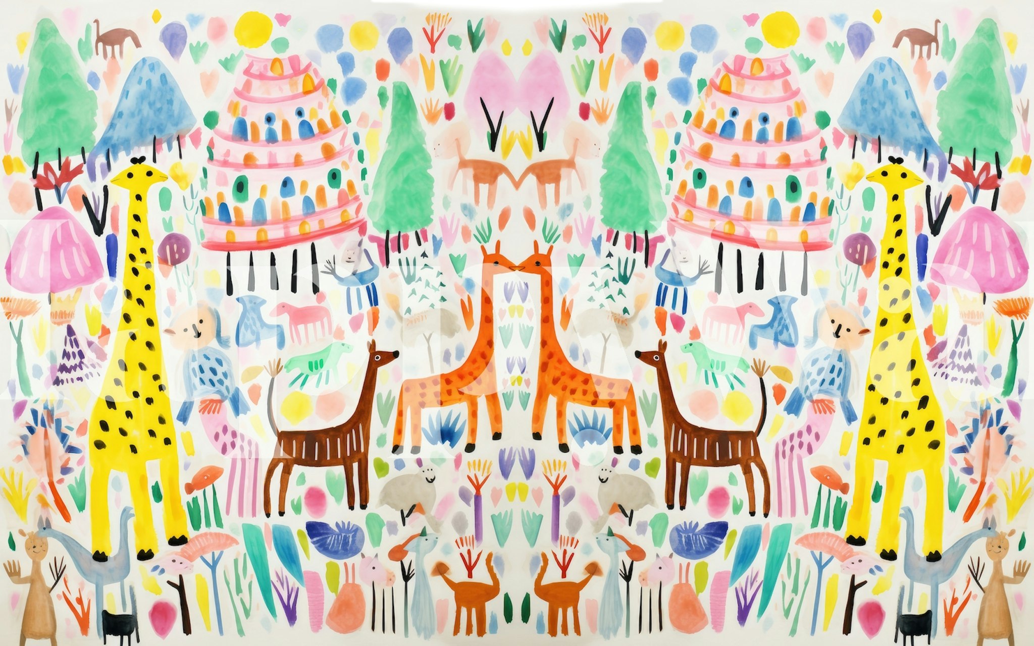Colorful zoo animals and trees in a playful design wallpaper