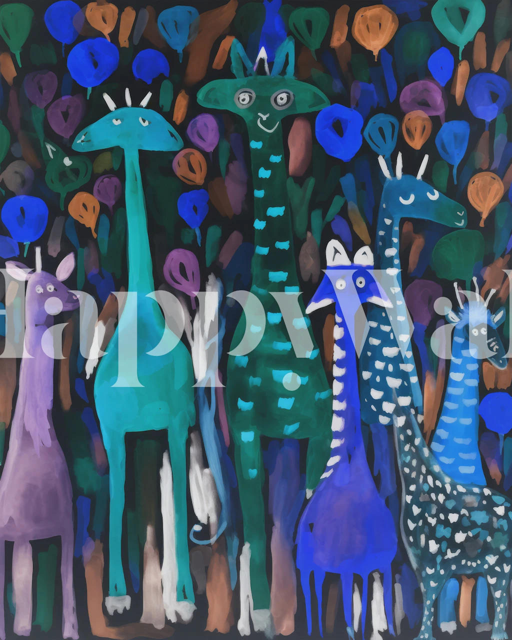 Colorful animal friends wallpaper depicting playful giraffes and trees