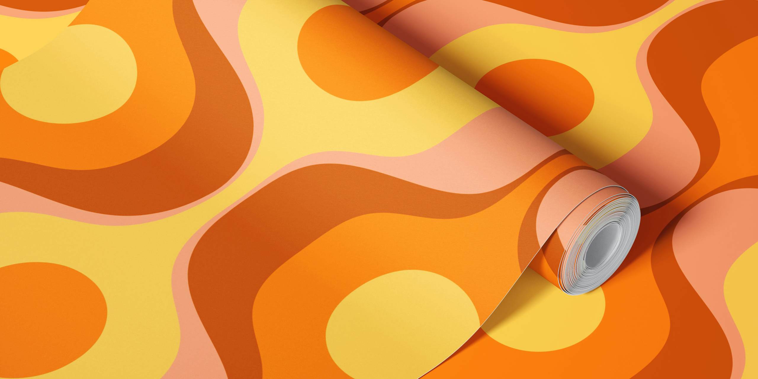 Curvy wave patterns in orange tones on retro wallpaper