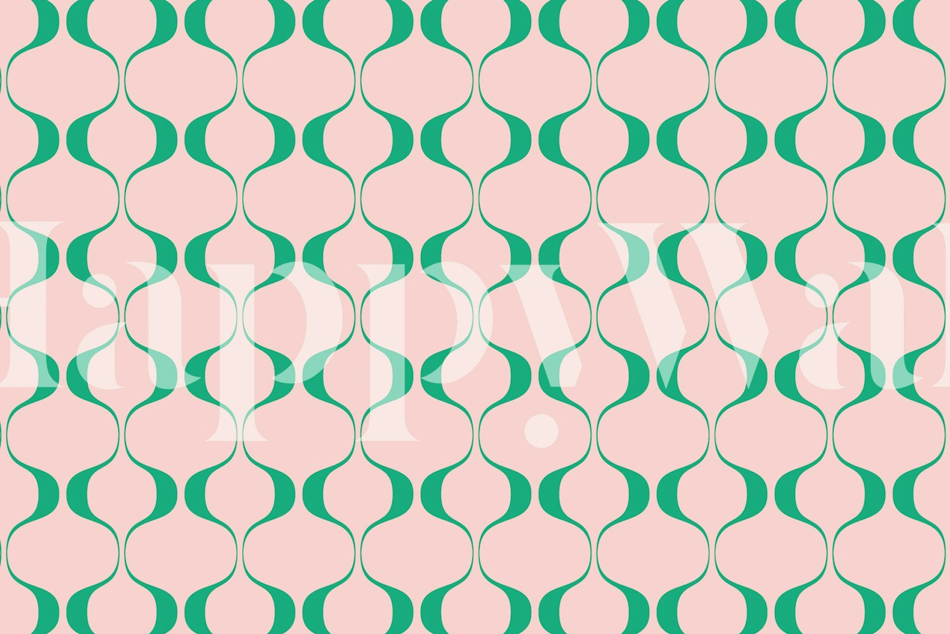 Geometric waves pattern in rose pink and green wallpaper
