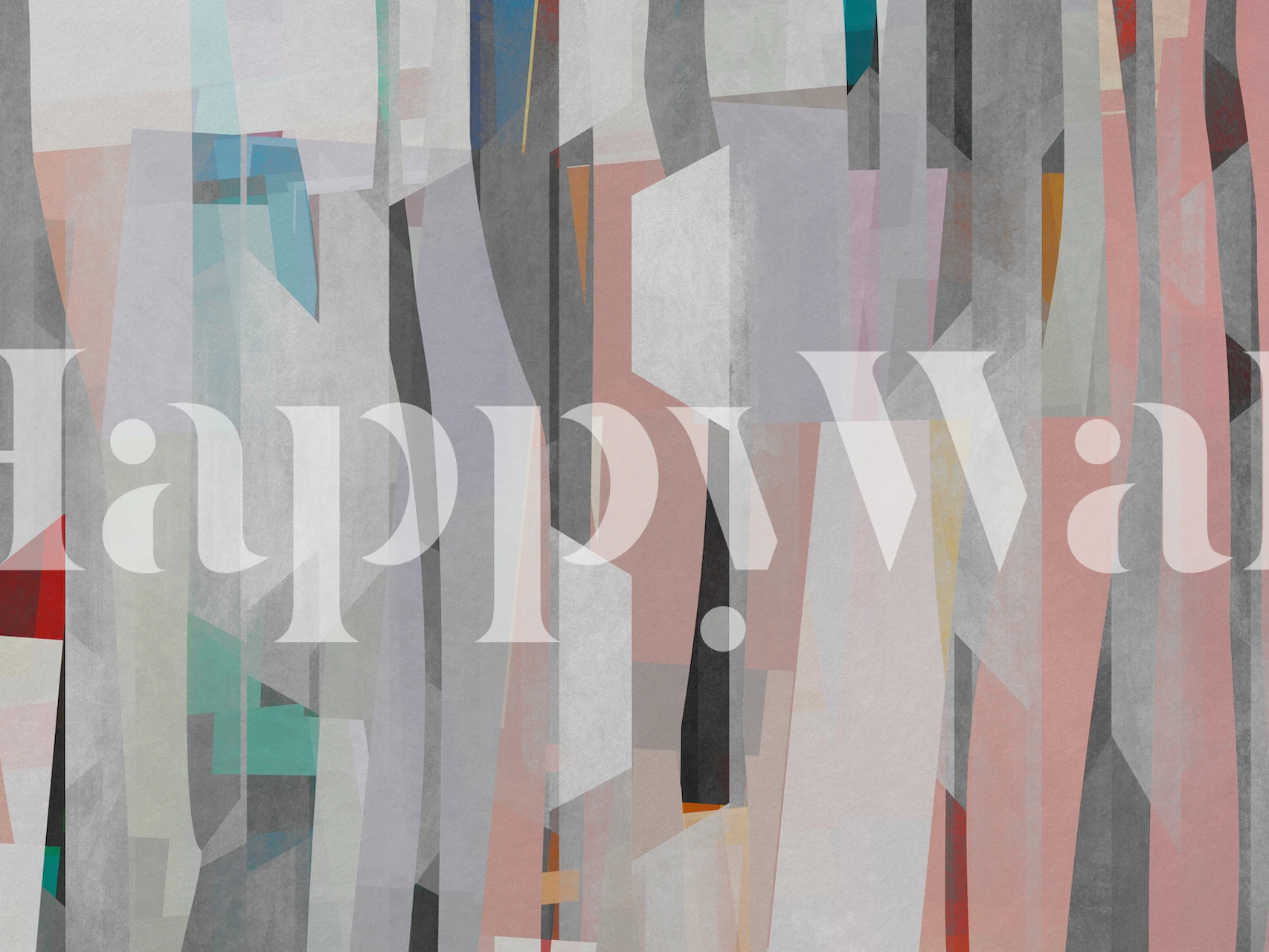 Abstrakta pastellfärger patchwork tapet med geometriska former i mjuka blått, rosa och grått.