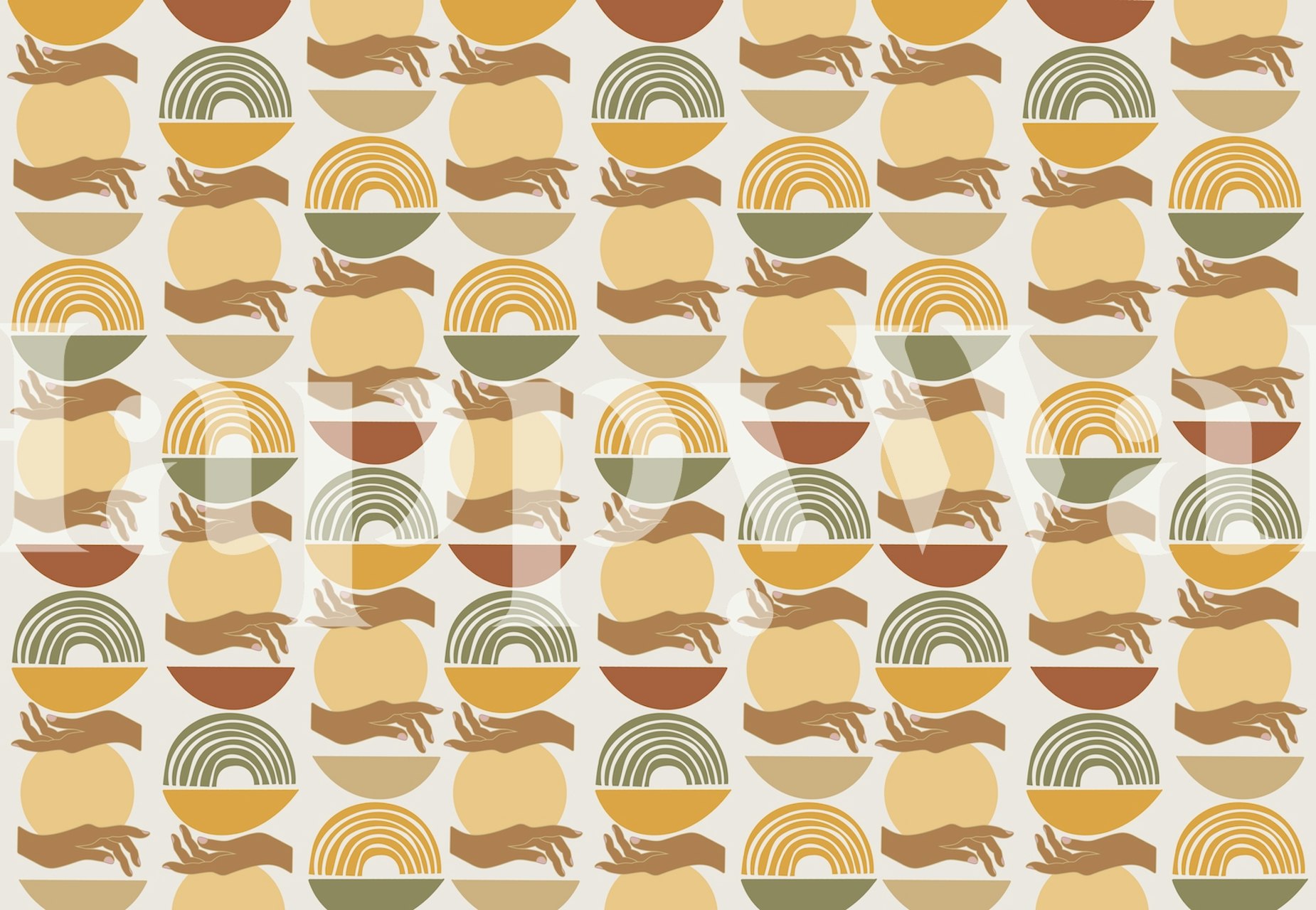 Geometric patterned wallpaper with earthy colors and hands motifs, Mid-Century style wallpaper