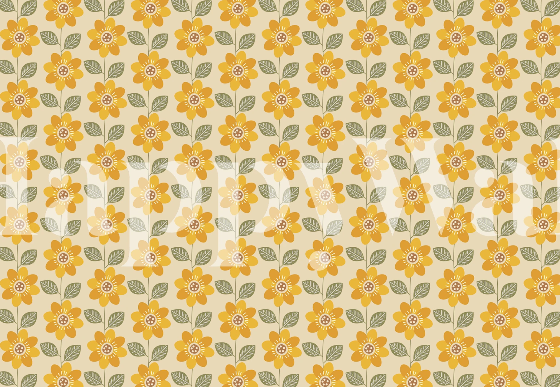 Yellow sunflower pattern with green leaves wallpaper