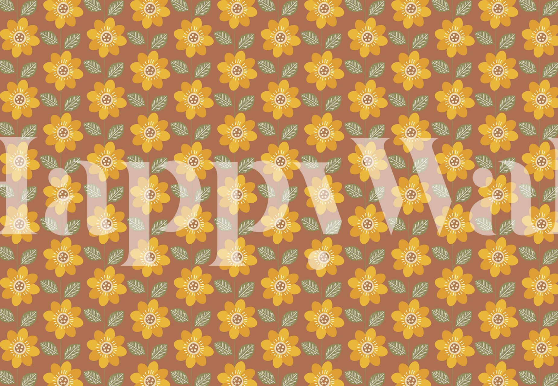 Yellow sunflowers with green leaves on a brown background wallpaper
