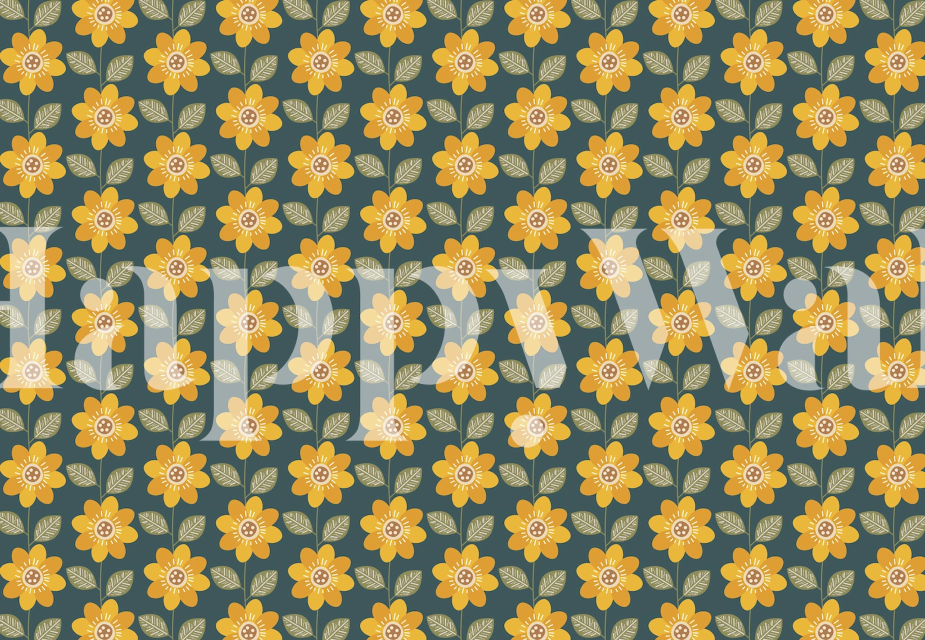 Yellow sunflowers with green leaves on a teal background wallpaper