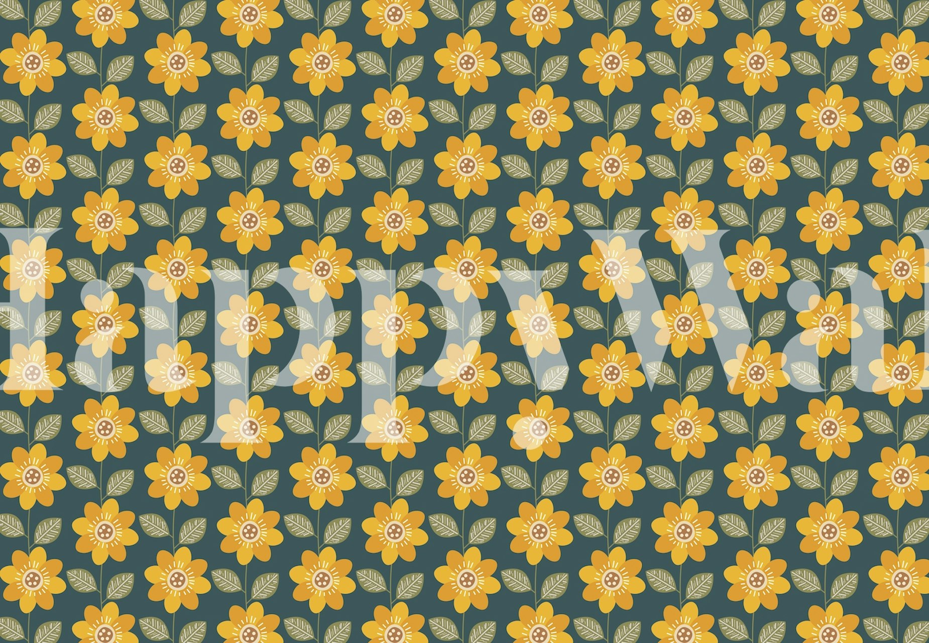 Yellow sunflowers with green leaves on a teal background wallpaper