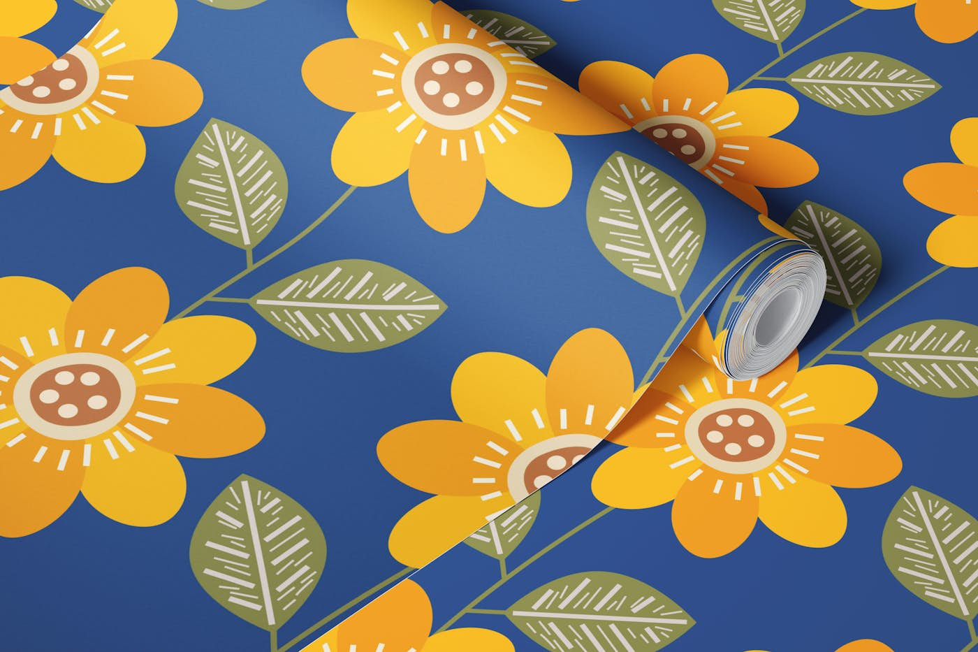 Sunflower Pattern Yellow Navy wallpaper roll