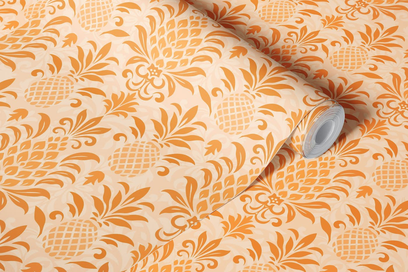 Modern Pineapple Damask Peach Orange Marigold wallpaper roll