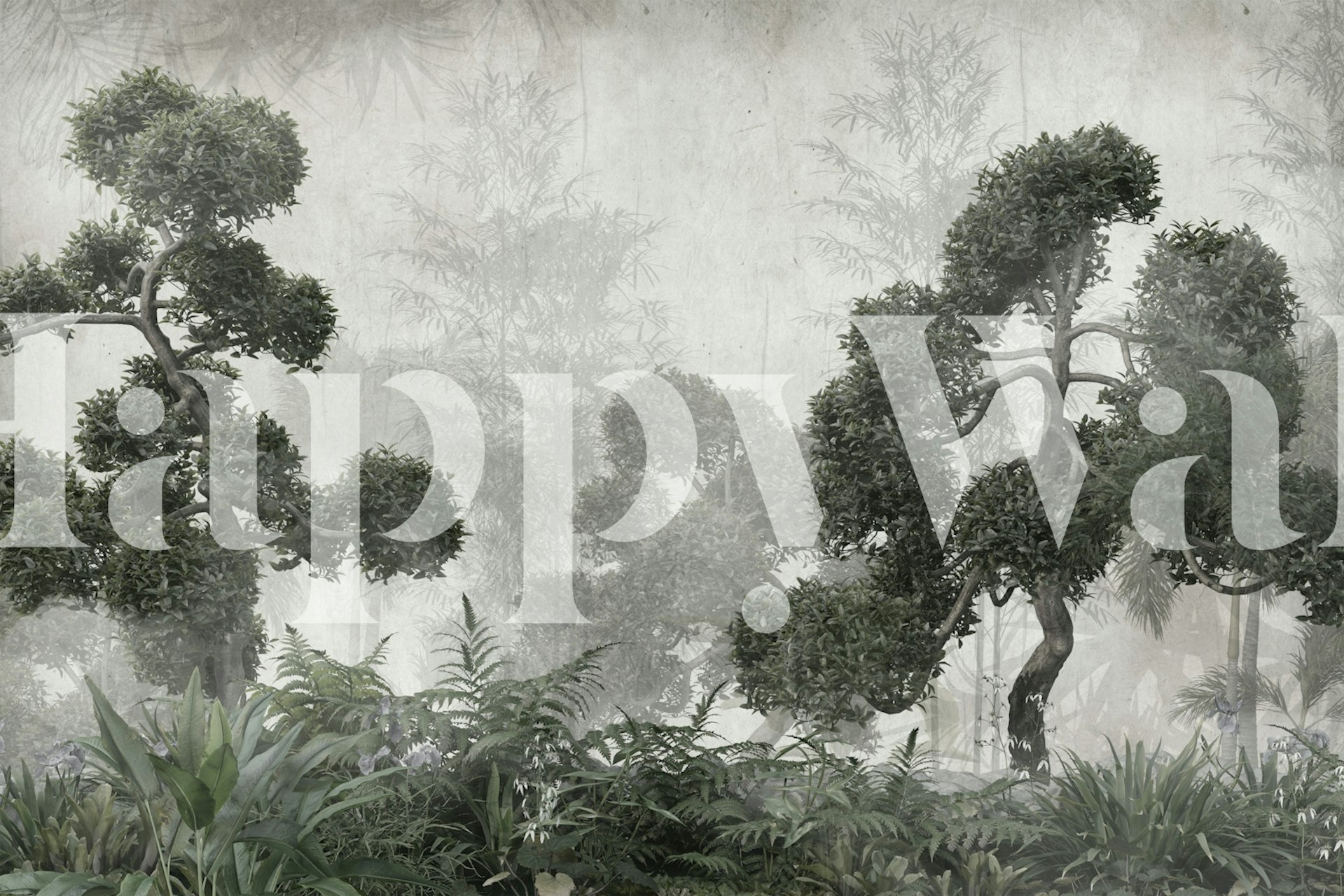 Monokrom tropiske trær veggmaleri med tåkete bakgrunn