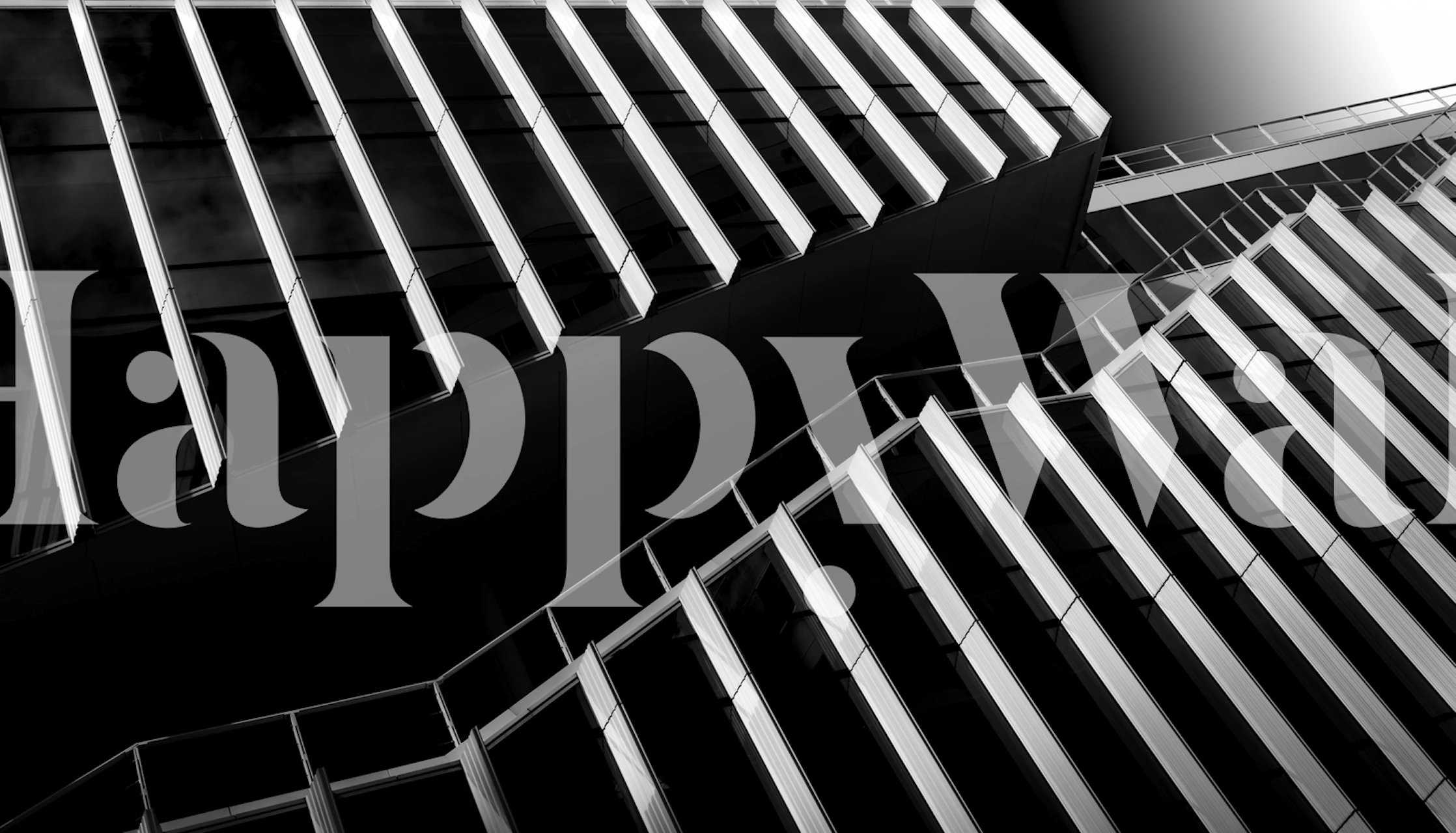 Black and white architectural wall mural featuring the upward view between high-rise buildings