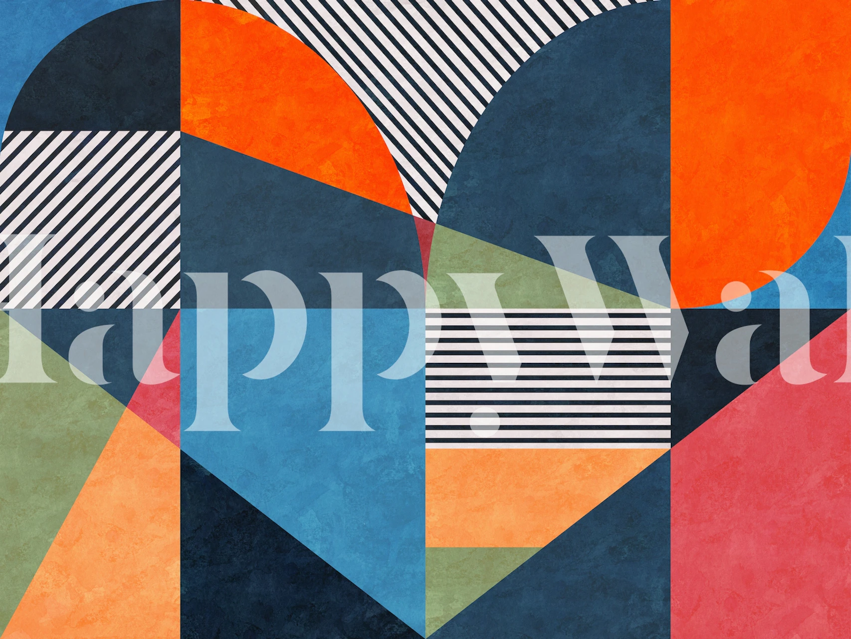 Mural de pared con corazones de patchwork geométrico con una mezcla de rayas y colores sólidos en azul, naranja y negro