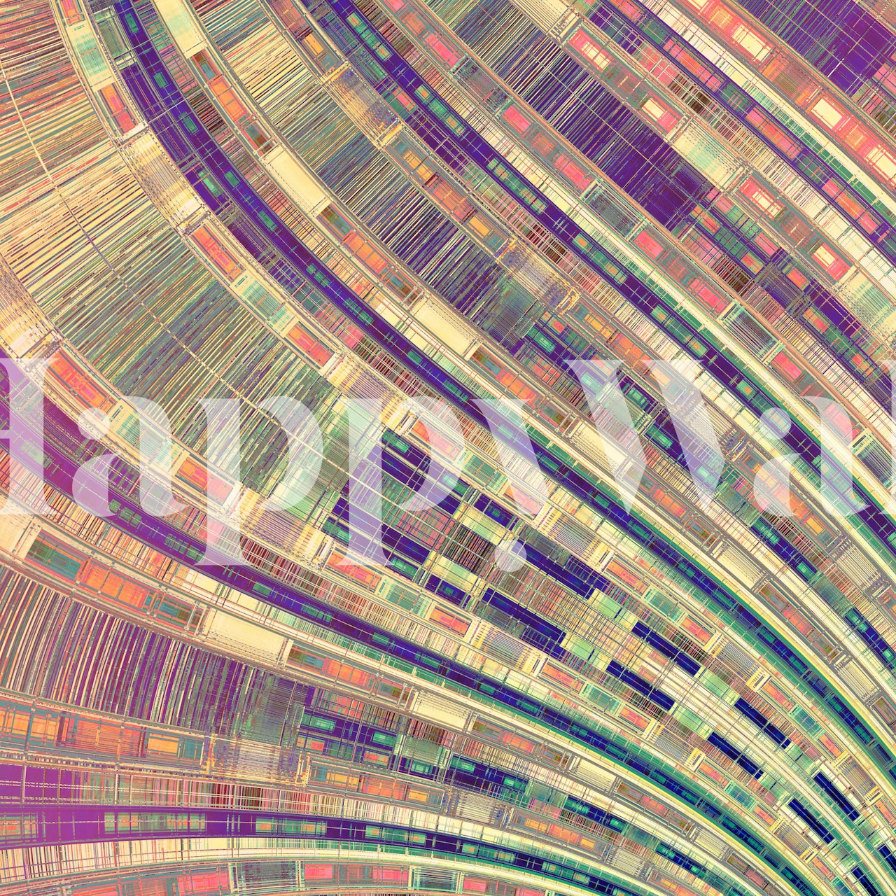 Colorful abstract geometric pattern with curves in purple, green, and orange wallpaper