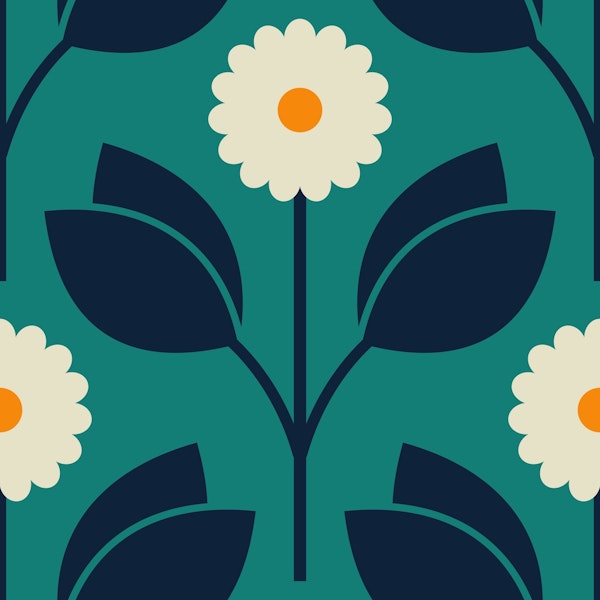 Retro blossoms, teal (2879B)