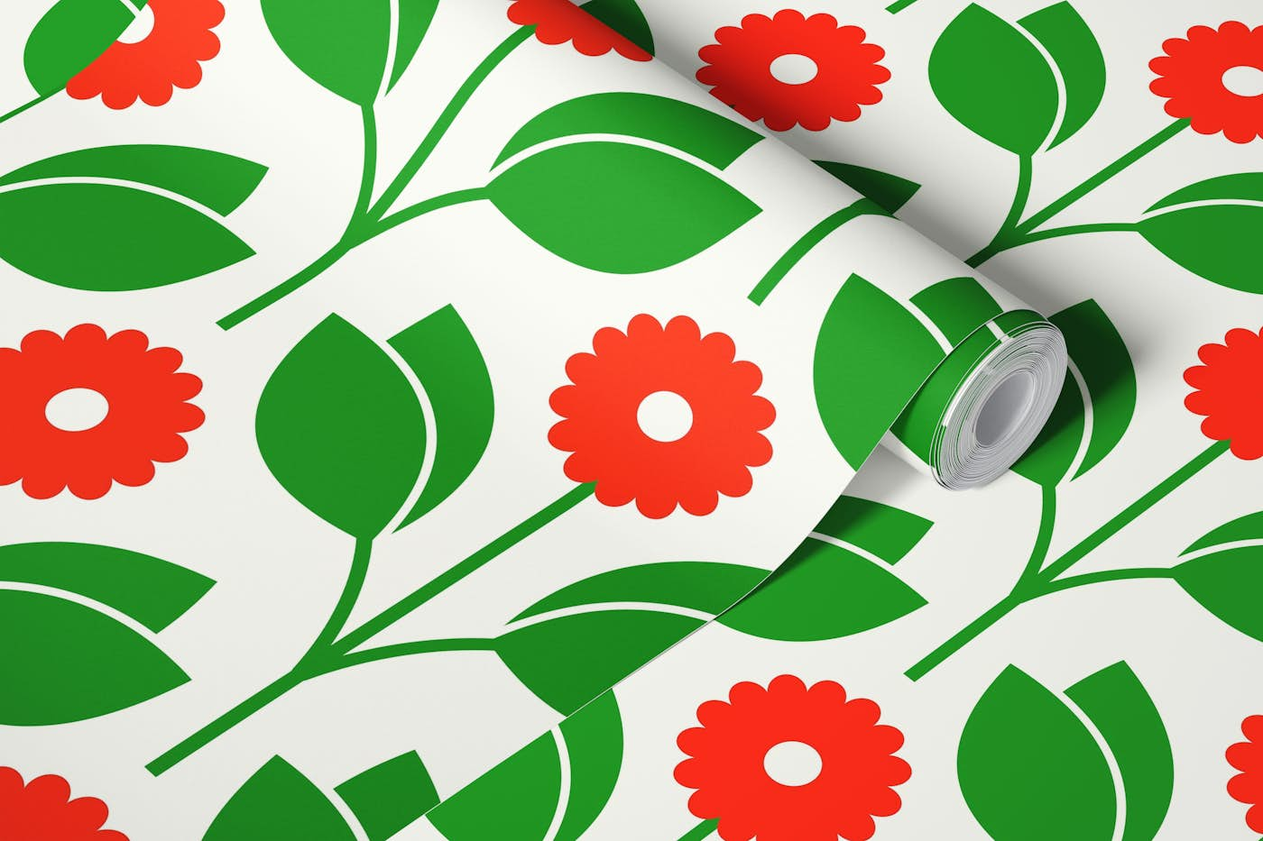 Retro blossoms, green red (2879F) wallpaper roll