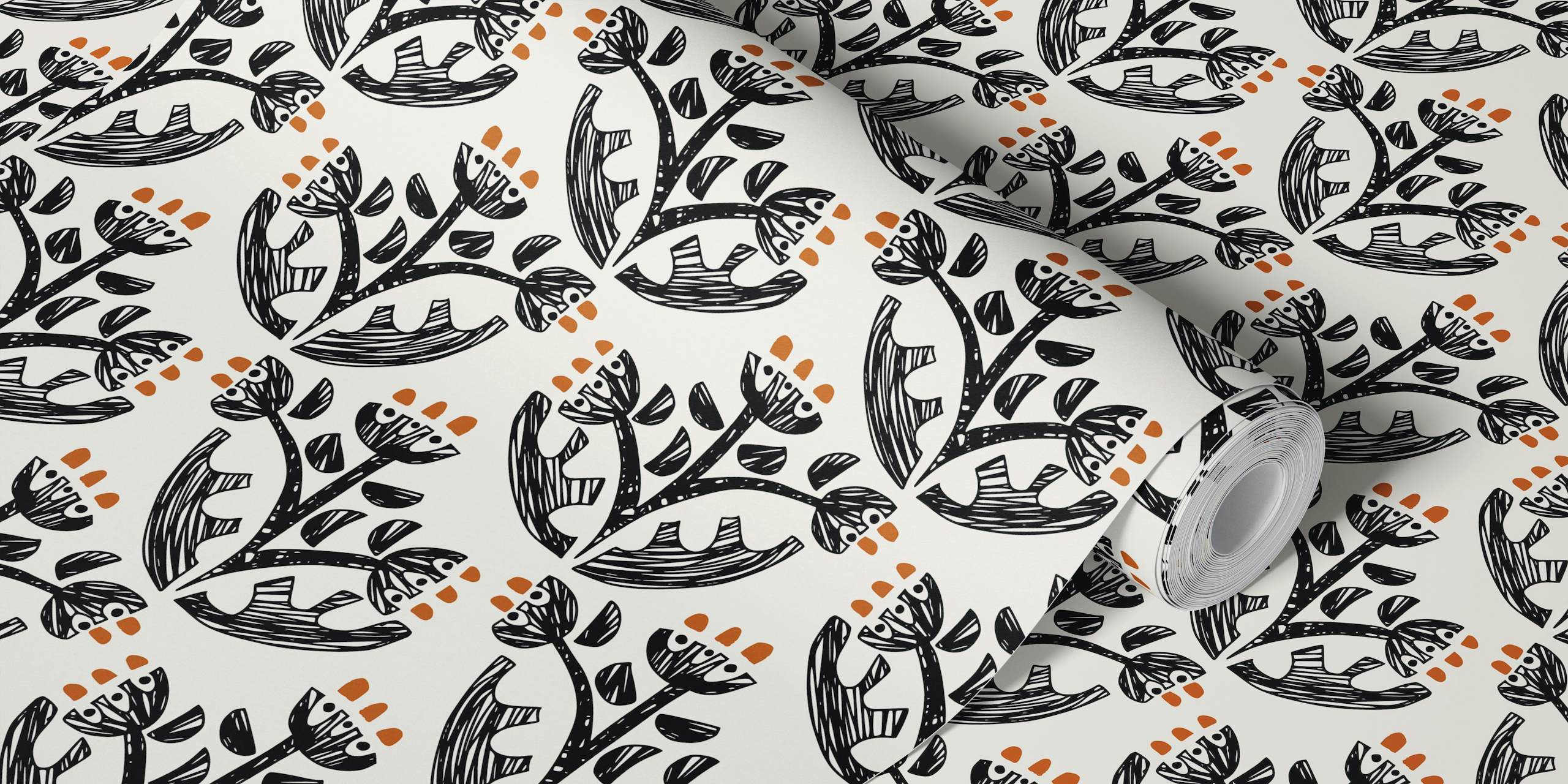 Black forest flowers with orange floral accents wallpaper