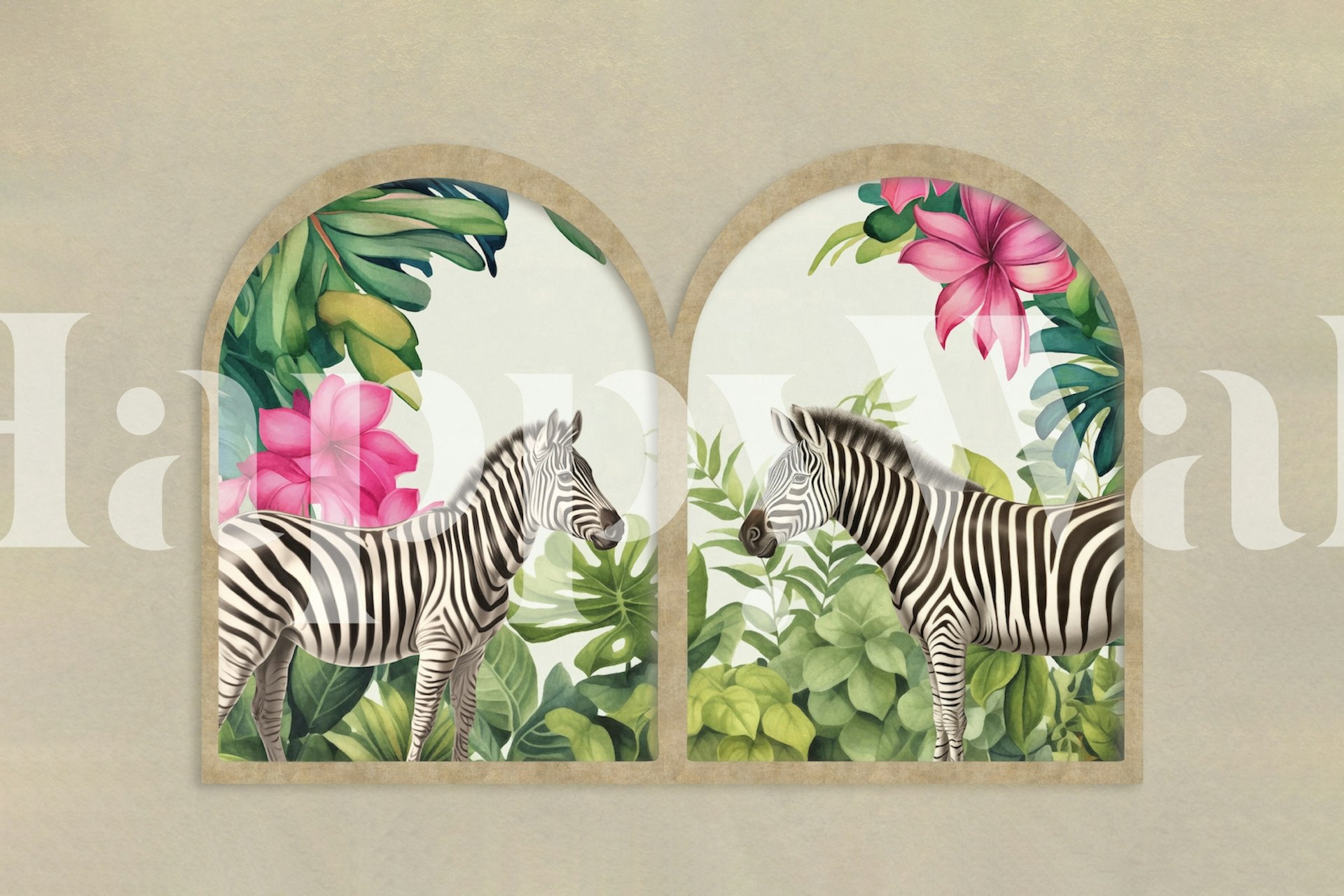 Zebra pair in lush green leaves and pink flowers wallpaper