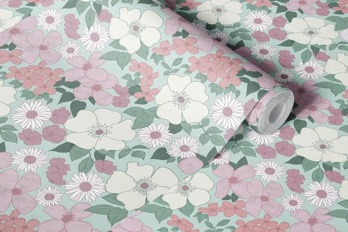 Retro florals - dusty rosewallpaper roll