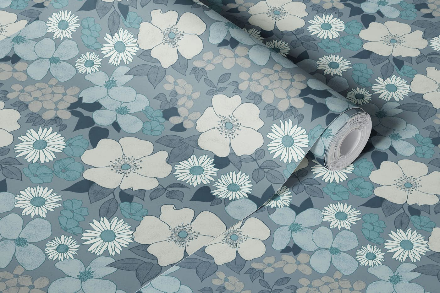 Retro florals - slate wallpaper roll