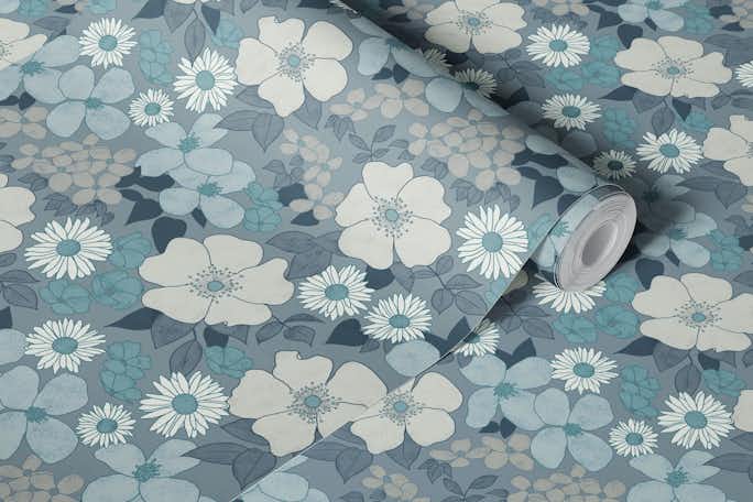 Retro florals - slatewallpaper roll