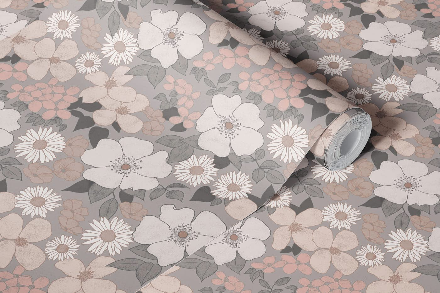 Retro florals - taupe wallpaper roll