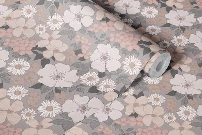 Retro florals - taupewallpaper roll